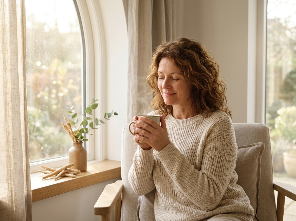 A calm woman by a window holding her coffee, with ashwagandha botanicals nearby