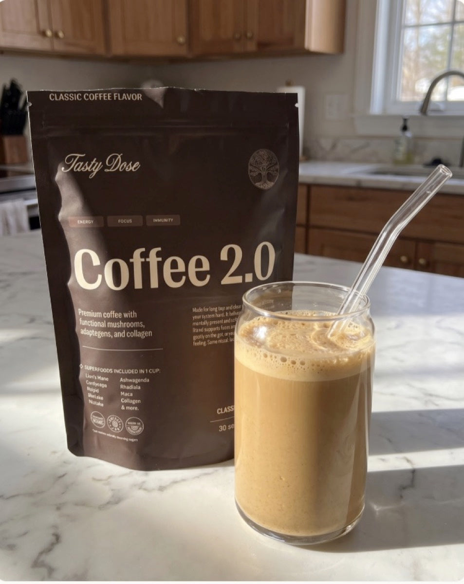 Coffee 2.0 od Tasty Dose: sáček a sklenice kávy