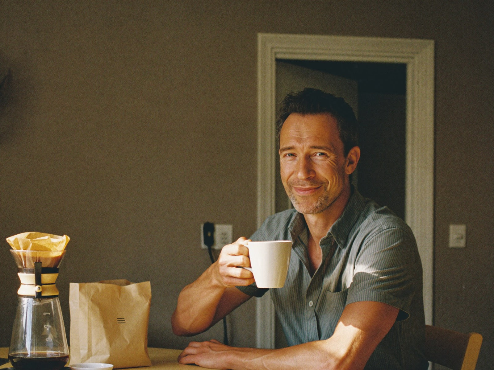 A man relaxed and well-rested at his morning coffee