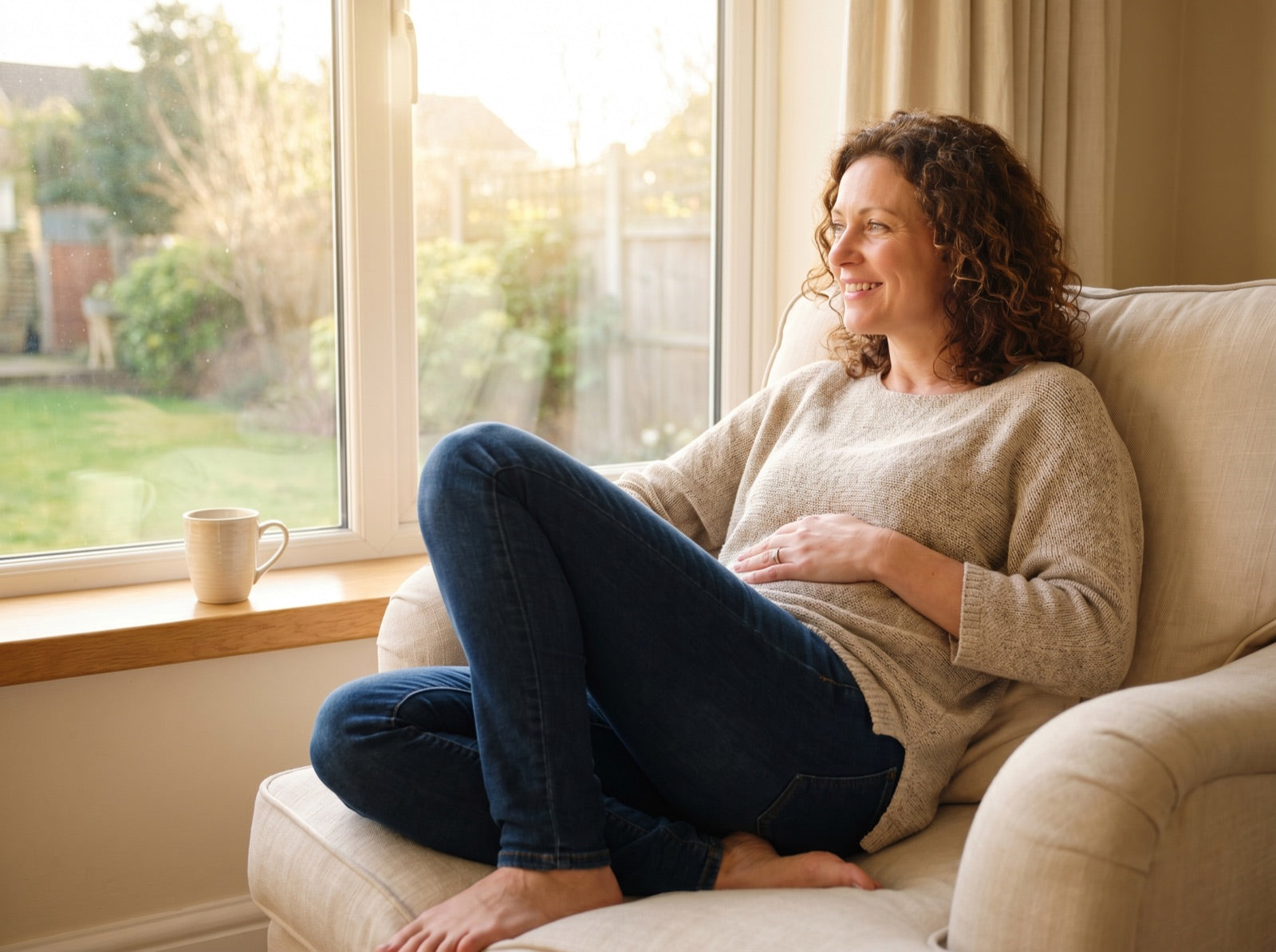 Woman relaxed and comfortable on her sofa in the evening