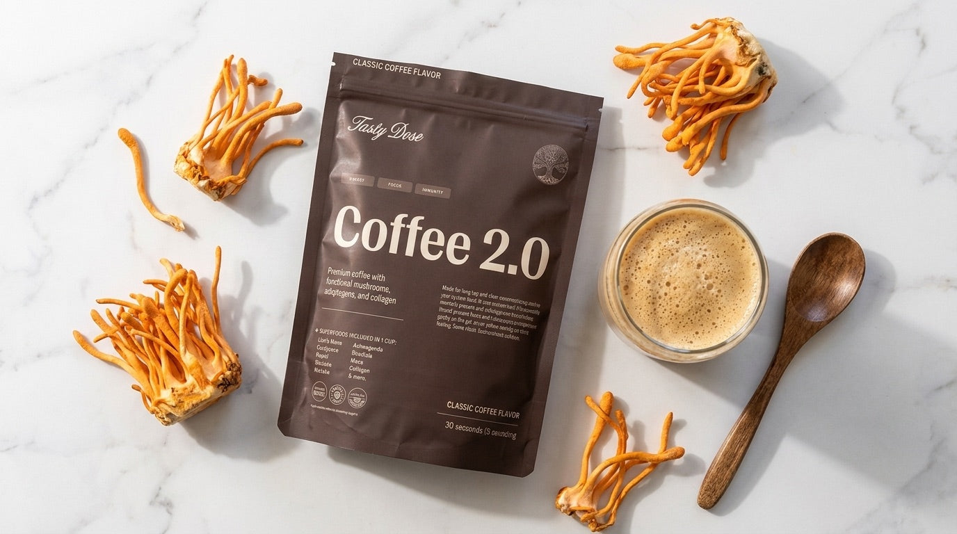 Coffee 2.0 bag with a glass of coffee and cordyceps mushrooms