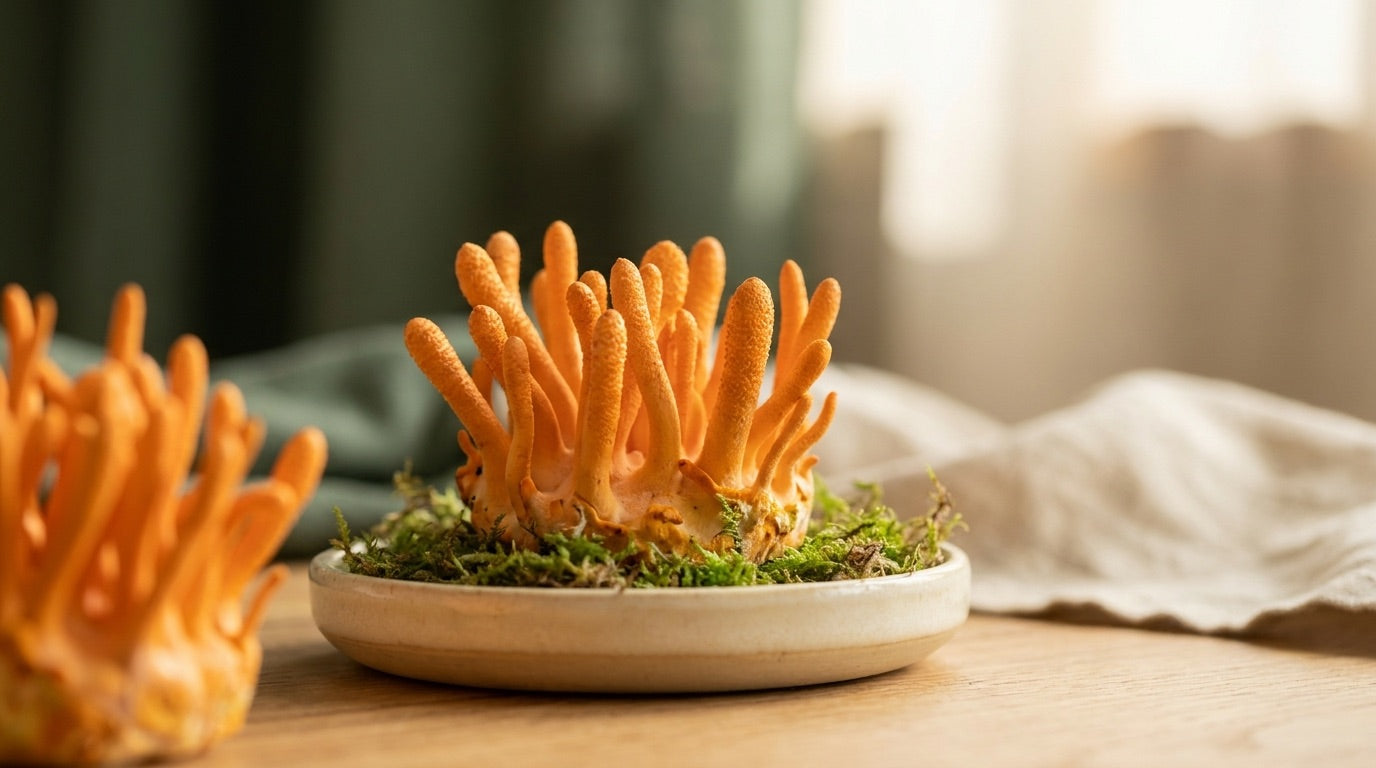 Bright orange cordyceps mushrooms