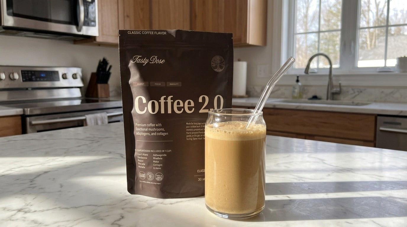 Coffee 2.0 bag next to a glass of coffee