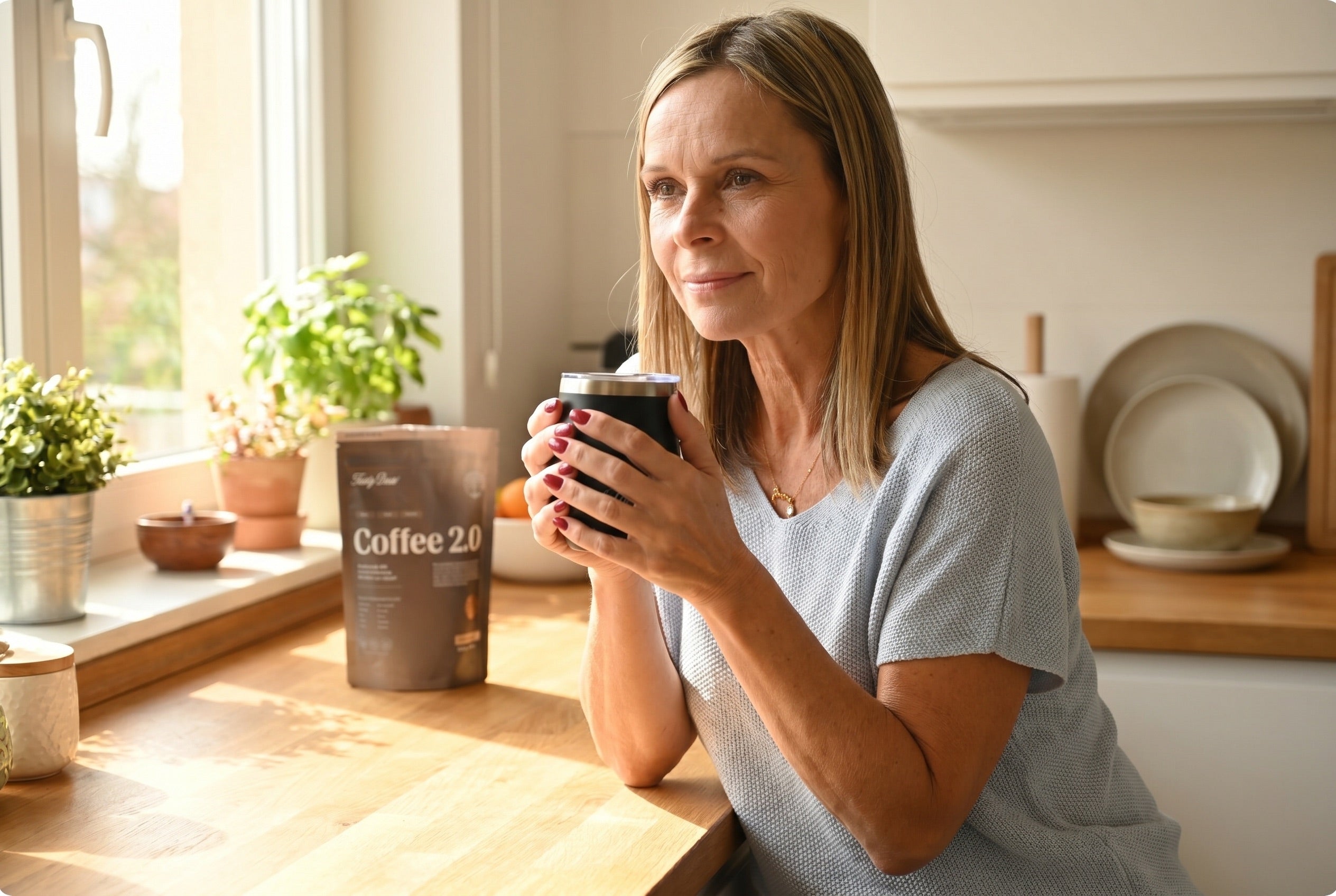 Woman calm and clear-headed with a mug of coffee