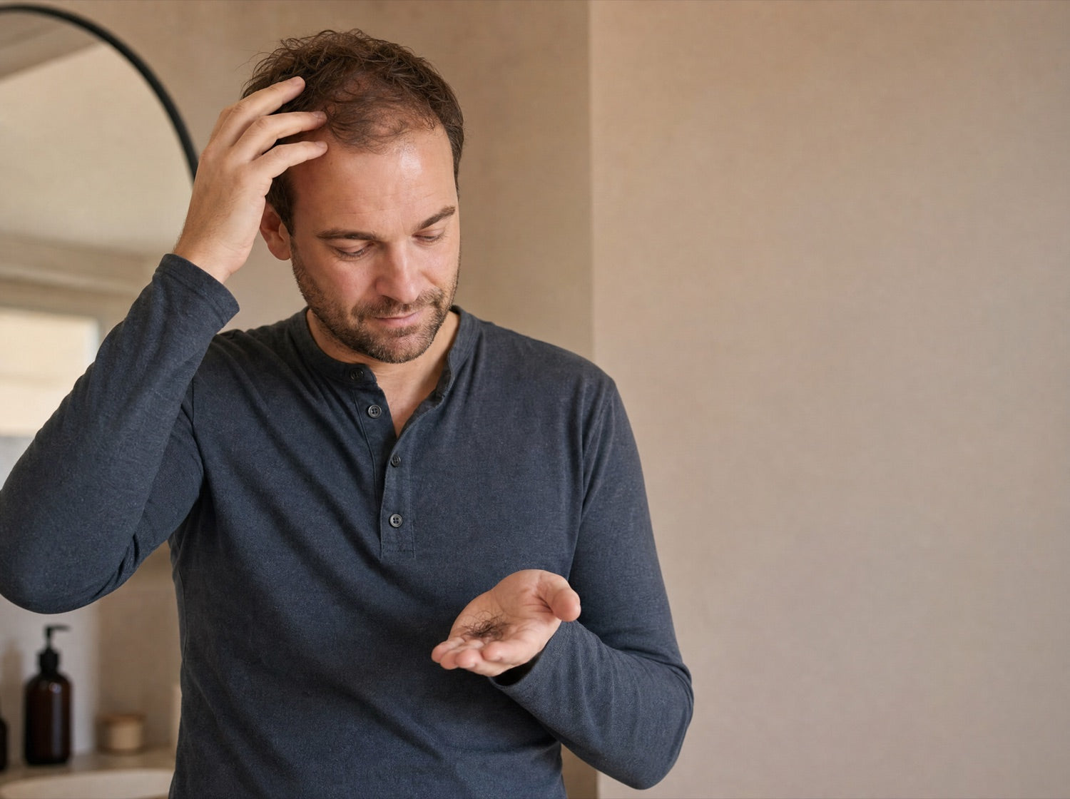 A man noticing his thinning hairline