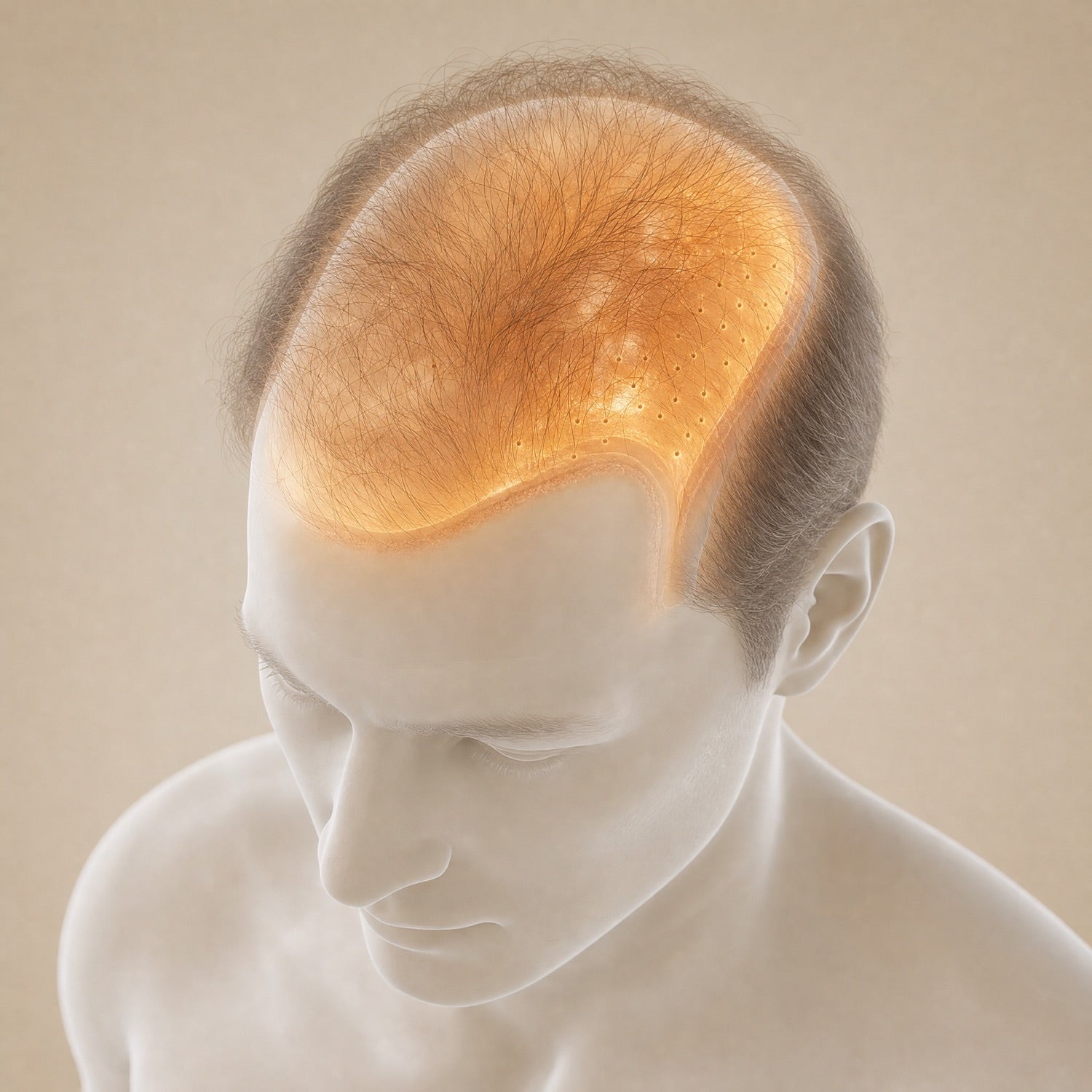 Illustration of dormant, thinning hair follicles under a stressed scalp