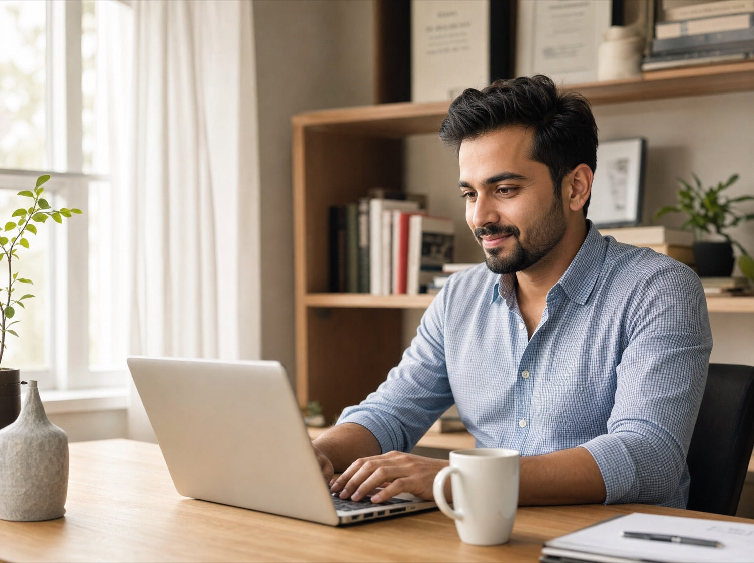A man with a calm, clear-headed morning coffee
