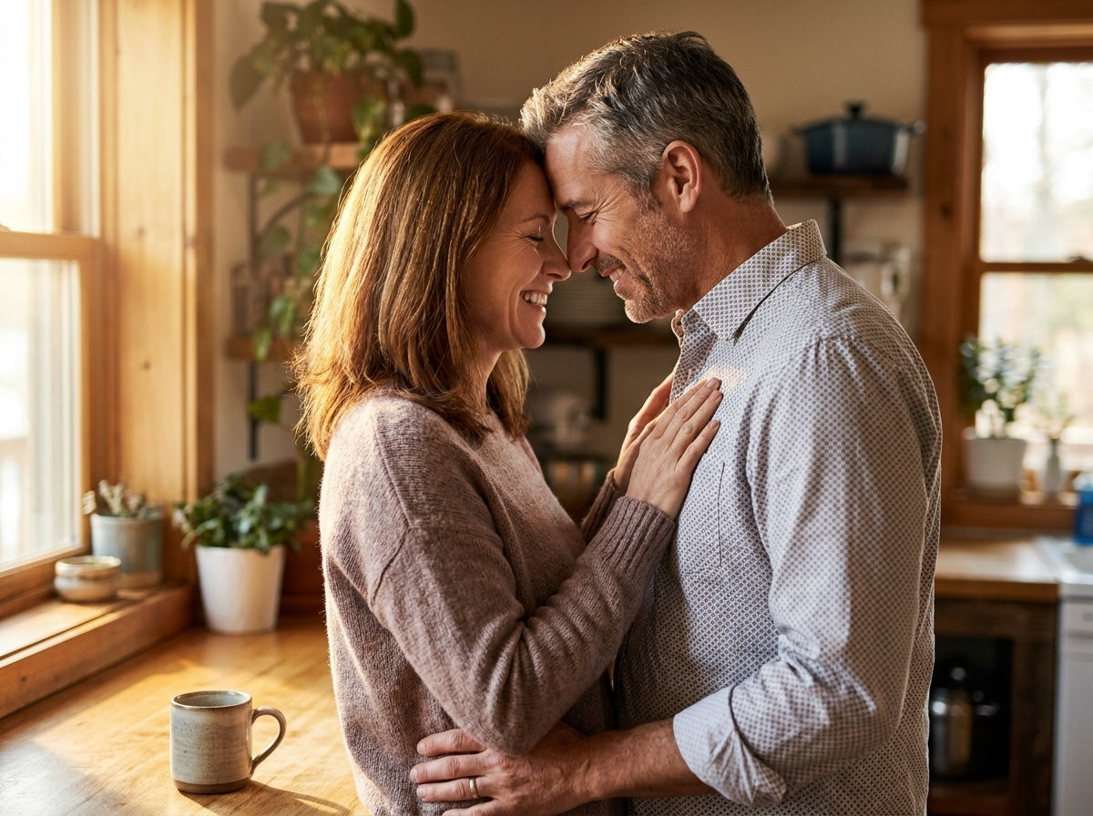 A loving couple in their late 40s reconnecting warmly in a sunlit kitchen