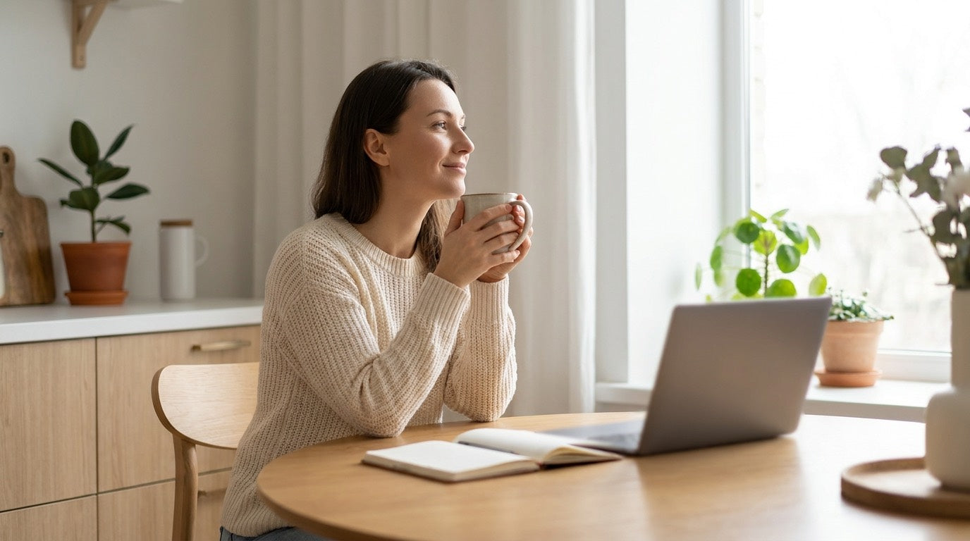Una persona con una mattina calma e concentrata e una tazza di caffè