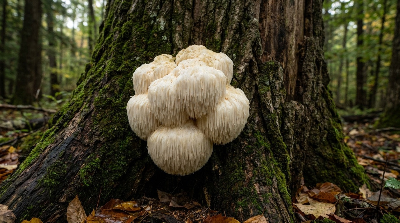 Fungo lion’s mane selvatico che cresce su un albero in una foresta